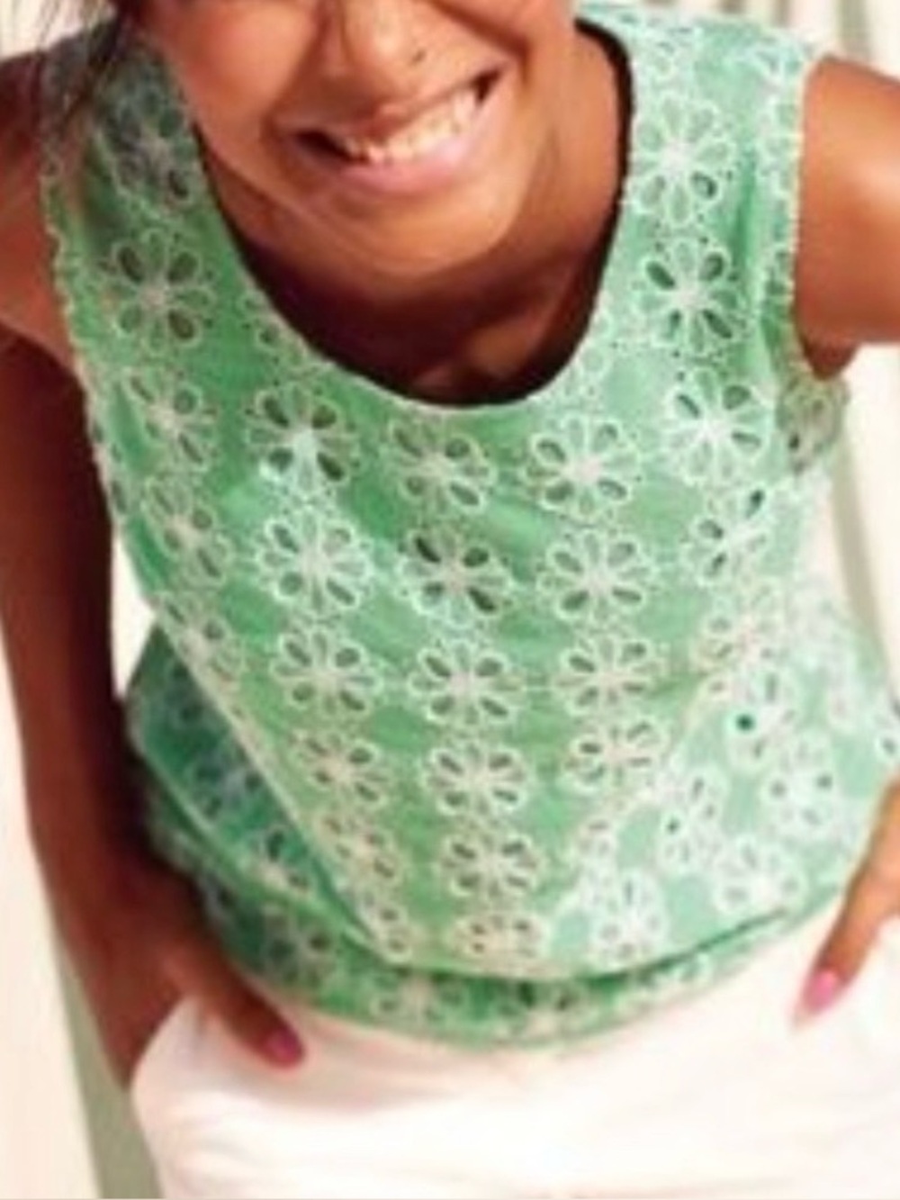 Boden Katie Green Floral Eyelet Sleeveless Top - Women